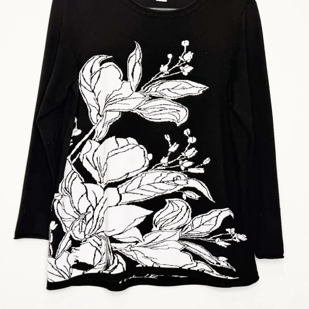 CHICO’S Lightweight Floral Sweater Pullover Knit Tunic Black White Womens Size L - Picture 4 of 9